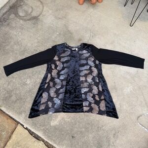 LOGO Lori Goldstein Velvet Feather Burnout Sharkbite Tunic Top Black XL